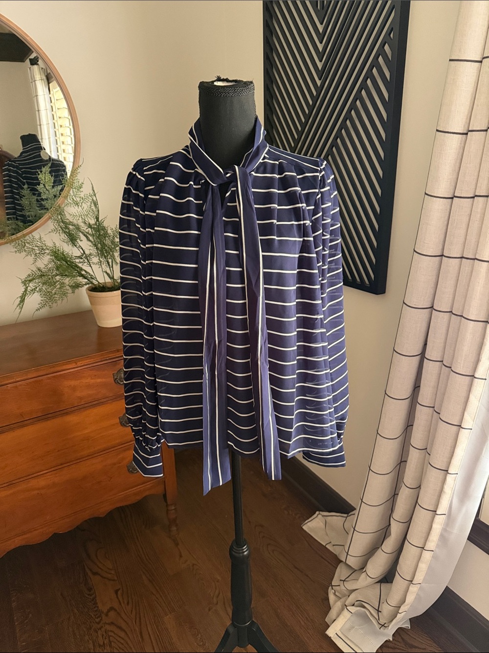Oddi Striped Tie-Neck Blouse in Navy and White medium